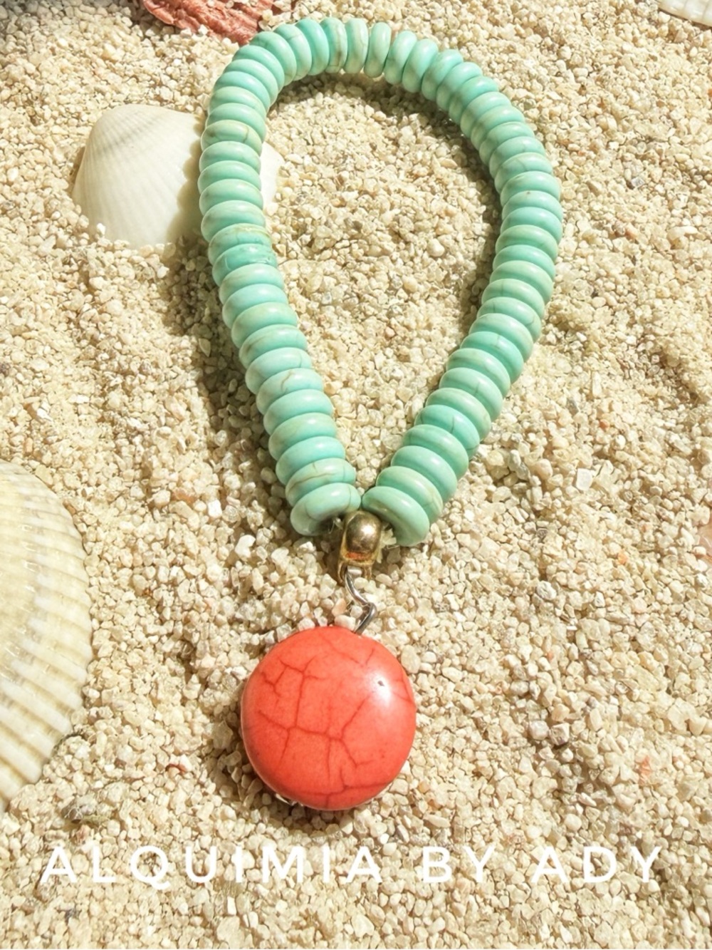 TURQUOISE Mint blue Beaded Bracelet with Coral Pendant